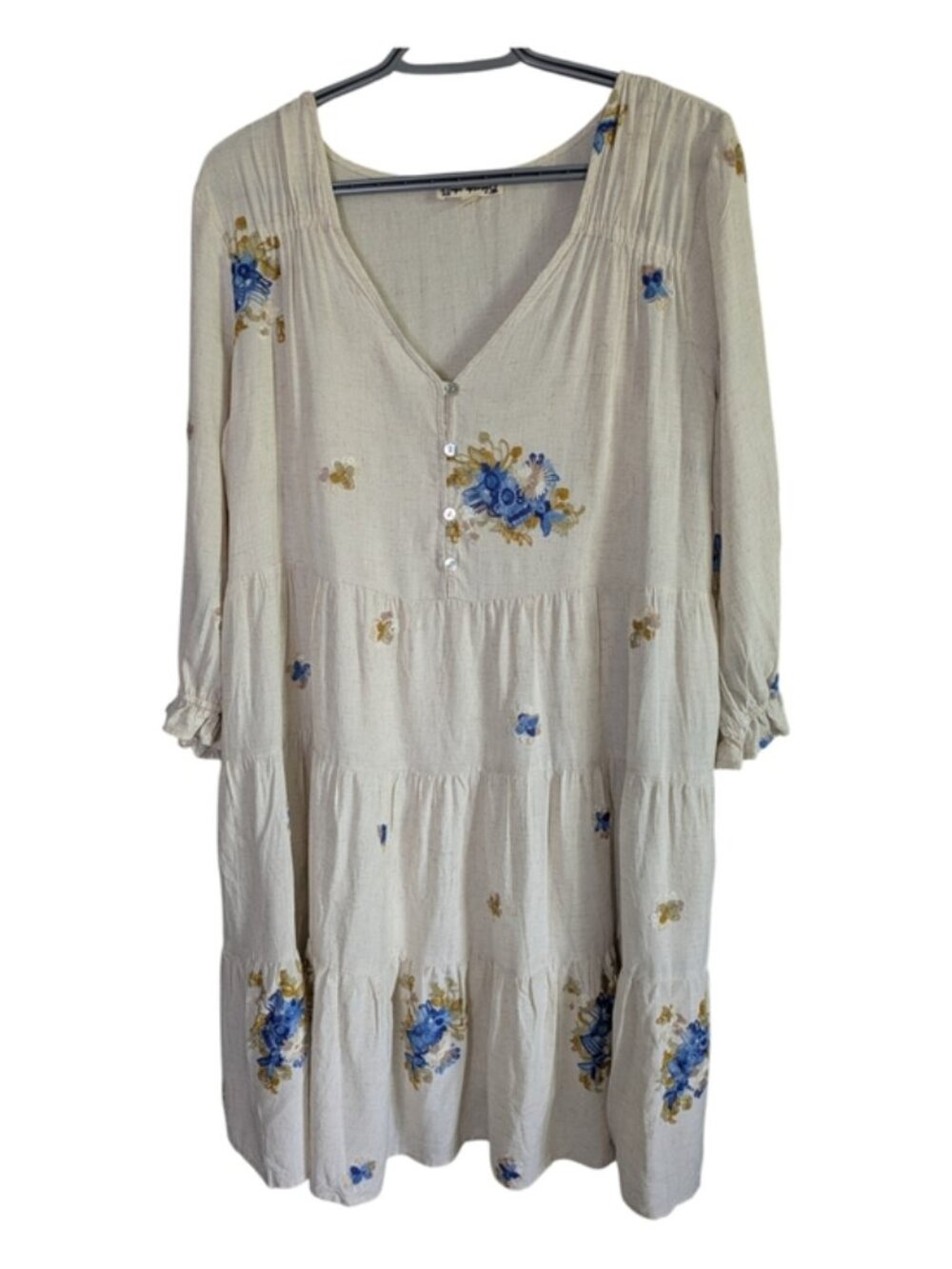Hope Springs Embroidered Tier Dress Floral Cream/Tan/Blue Size Large Linen Blend